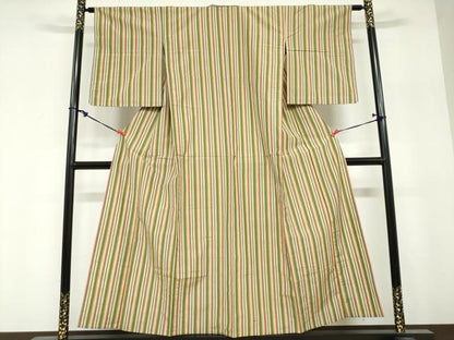 平和屋着物▽上質な紬　単衣　変わり縞　正絹　逸品　DABF1972ud