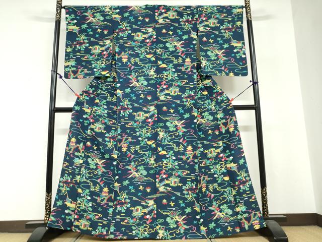 平和屋着物▽上質な小紋　単衣　紬地　一珍染　風景文　正絹　逸品　DABF1980ud