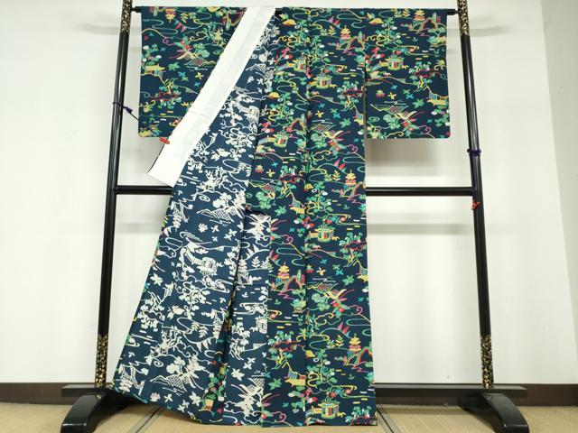 平和屋着物▽上質な小紋　単衣　紬地　一珍染　風景文　正絹　逸品　DABF1980ud