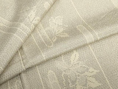 平和屋着物▽本塩沢　単衣　110亀甲　エ霞舞葉文　正絹　逸品　DABF1982ud