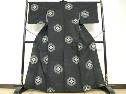 平和屋着物▽上質な紬　単衣　亀甲丸文　正絹　逸品　DABF1987ud
