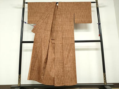 平和屋着物▽上質な紬　単衣　格子文　正絹　逸品　DABF1995ud