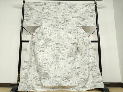 平和屋着物▽本場大島紬　単衣　白大島　風景文　正絹　逸品　DABF1998ud