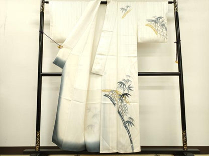 平和屋着物▼訪問着 刺繍 籬笹竹文 銀糸 正絹 逸品 DABF2055fe