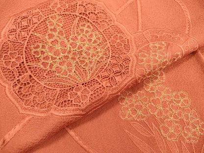 平和屋着物▼中国三大刺繍 スワトウ刺繍 汕頭刺繍 総刺繍 色留袖 鏡裏花文 金糸 赤丹色 さが美扱い 正絹 逸品 DABF2066fe