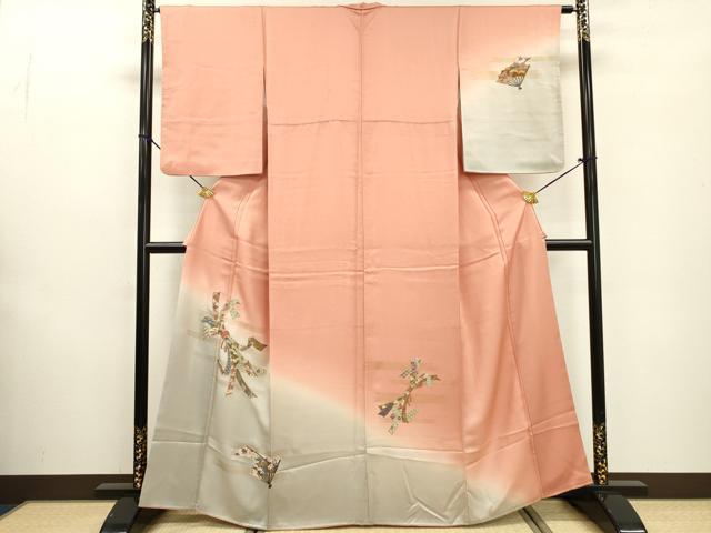 平和屋着物▼訪問着 刺繍 束ね熨斗扇面花文 暈し染 金糸 正絹 逸品 DABF2096fe