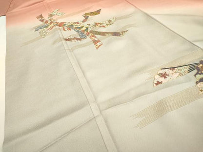 平和屋着物▼訪問着 刺繍 束ね熨斗扇面花文 暈し染 金糸 正絹 逸品 DABF2096fe