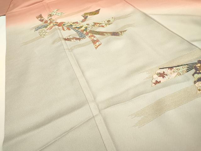 平和屋着物▼訪問着 刺繍 束ね熨斗扇面花文 暈し染 金糸 正絹 逸品 DABF2096fe