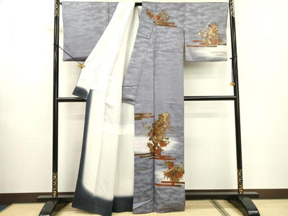 平和屋着物▼漆工芸作家 金森一博 訪問着 御所車霞花文 暈し染 金彩 正絹 逸品 DABF2109fe