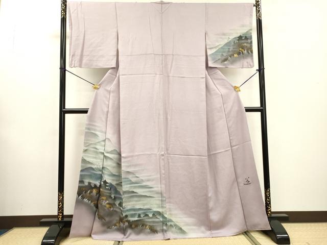 平和屋着物▼訪問着 作家物 手描き 風景シルエット 暈し染 金彩 正絹 逸品 DABF2128fe