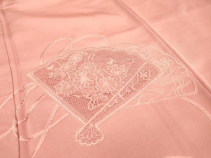 平和屋着物▼無地絵羽訪問着 総刺繍 檜扇花文 薄紅色 正絹 逸品 DABF2133fe