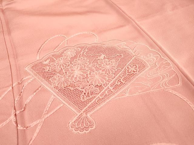 平和屋着物▼無地絵羽訪問着 総刺繍 檜扇花文 薄紅色 正絹 逸品 DABF2133fe