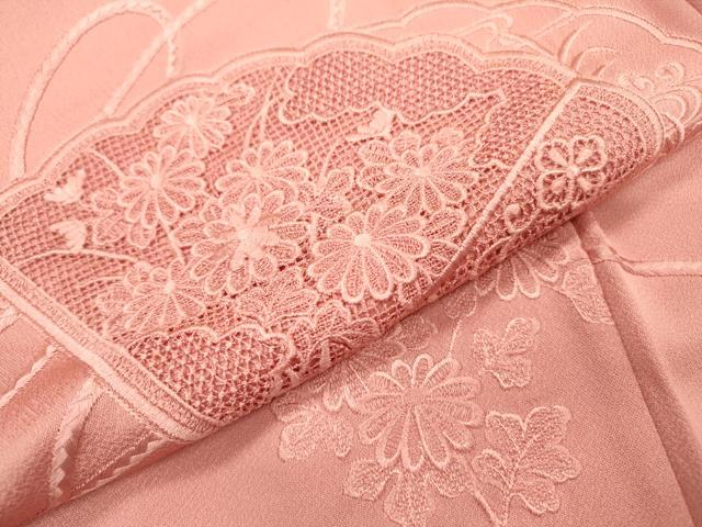 平和屋着物▼無地絵羽訪問着 総刺繍 檜扇花文 薄紅色 正絹 逸品 DABF2133fe