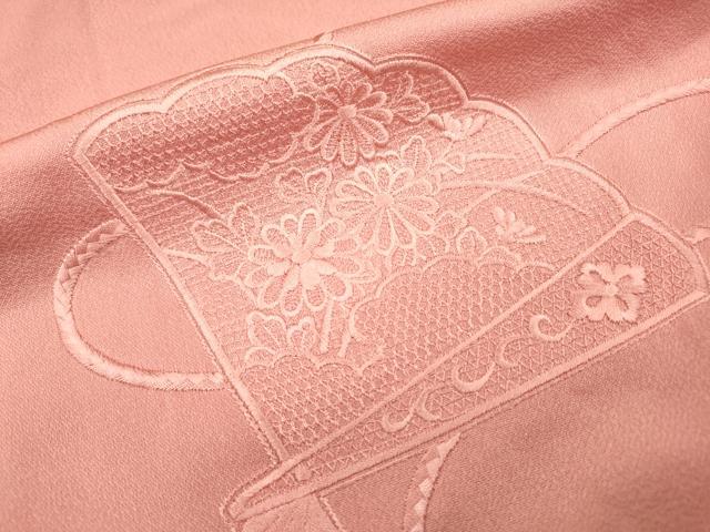 平和屋着物▼無地絵羽訪問着 総刺繍 檜扇花文 薄紅色 正絹 逸品 DABF2133fe