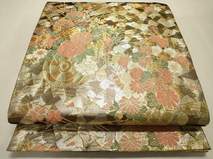 平和屋着物▼佐賀錦 両面 六通柄袋帯 花車飾花文 金銀糸 正絹 逸品 DABF2188fe