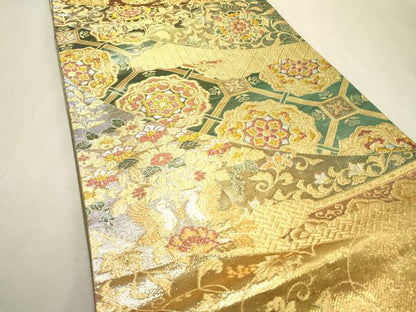 平和屋着物▼六通柄袋帯　正倉院向かい鳥花唐草文　金銀糸　正絹　逸品　DABF2203fe