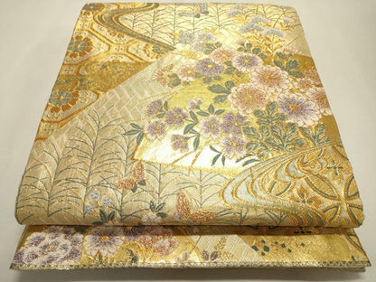 平和屋着物▼佐賀錦　六通柄袋帯　佐賀二重織　流水舞蝶花文　金糸　正絹　逸品　DABF2209fe