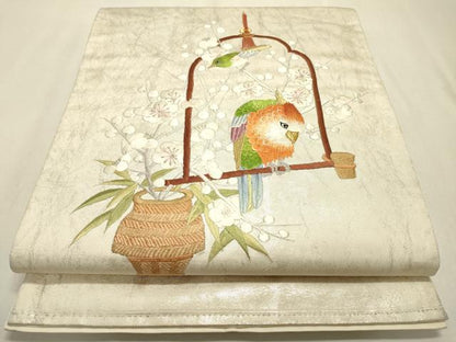平和屋着物▼太鼓柄袋帯　総刺繍　花鳥飾花文　金銀糸　正絹　逸品　DABF2241fe