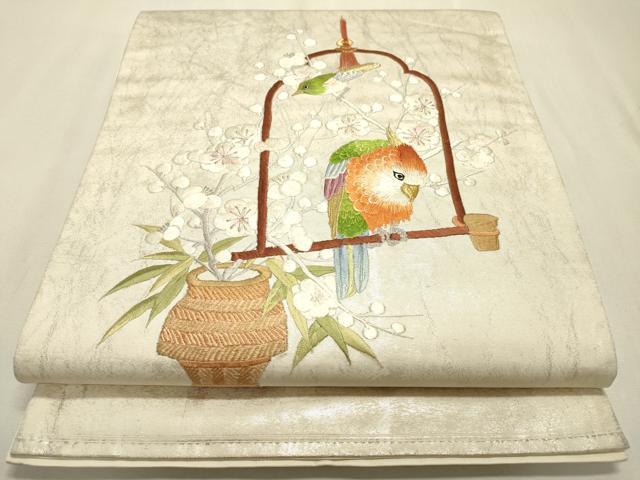平和屋着物▼太鼓柄袋帯　総刺繍　花鳥飾花文　金銀糸　正絹　逸品　DABF2241fe