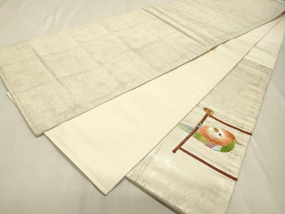 平和屋着物▼太鼓柄袋帯　総刺繍　花鳥飾花文　金銀糸　正絹　逸品　DABF2241fe