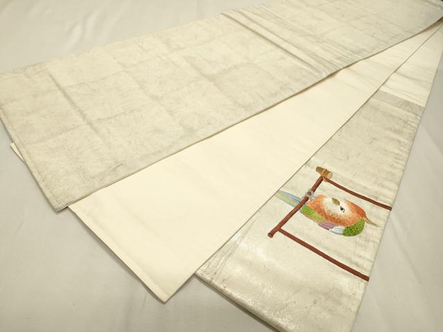 平和屋着物▼太鼓柄袋帯　総刺繍　花鳥飾花文　金銀糸　正絹　逸品　DABF2241fe