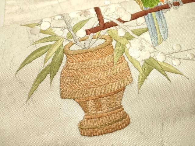 平和屋着物▼太鼓柄袋帯　総刺繍　花鳥飾花文　金銀糸　正絹　逸品　DABF2241fe