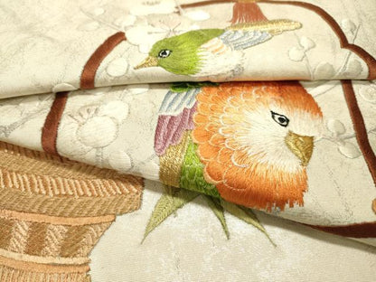 平和屋着物▼太鼓柄袋帯　総刺繍　花鳥飾花文　金銀糸　正絹　逸品　DABF2241fe