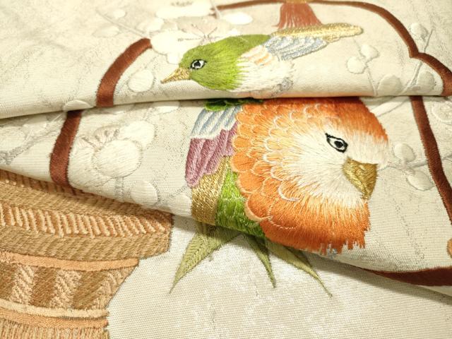 平和屋着物▼太鼓柄袋帯　総刺繍　花鳥飾花文　金銀糸　正絹　逸品　DABF2241fe