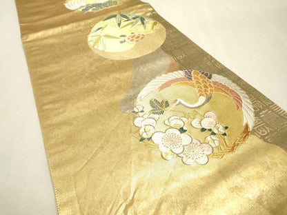 平和屋着物▼六通柄袋帯　唐織　松竹梅鶴亀文　金銀糸　引箔　正絹　逸品　DABF2251fe