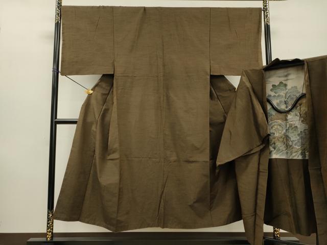 平和屋着物●男性　紬　アンサンブル　朽葉色　正絹　逸品　DABF2256fe