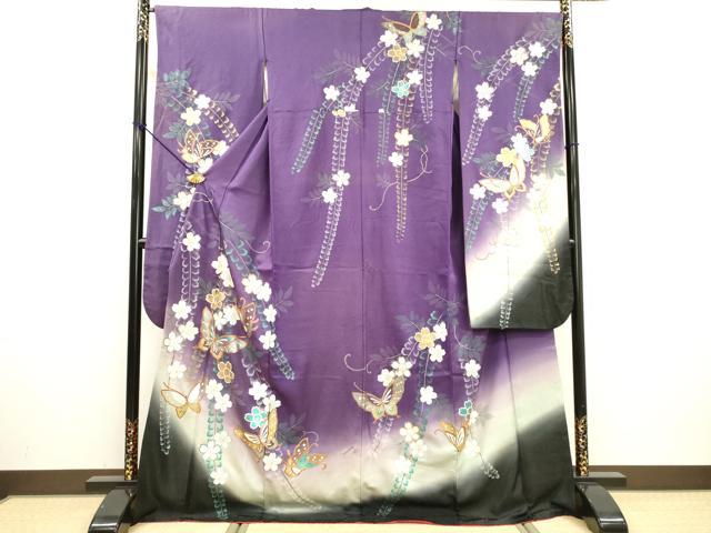 平和屋着物●豪華振袖　舞蝶枝垂れ桜　暈し染　金銀彩　銀通し地　正絹　逸品　DABF2263fe