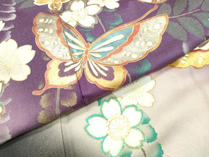 平和屋着物●豪華振袖　舞蝶枝垂れ桜　暈し染　金銀彩　銀通し地　正絹　逸品　DABF2263fe