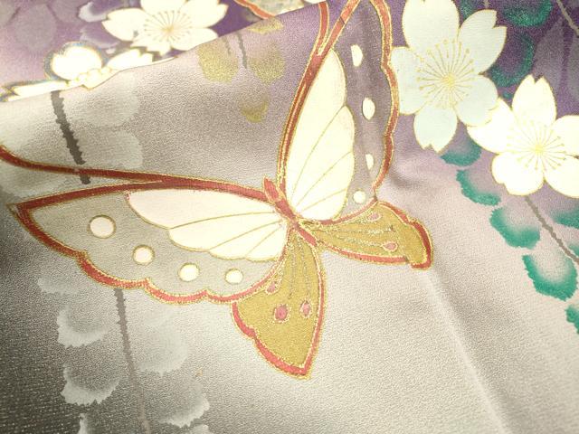 平和屋着物●豪華振袖　舞蝶枝垂れ桜　暈し染　金銀彩　銀通し地　正絹　逸品　DABF2263fe