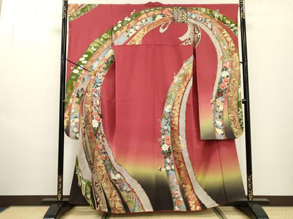 平和屋着物●豪華振袖　群れ鶴花車文　暈し染　金彩　正絹　逸品　DABF2265fe