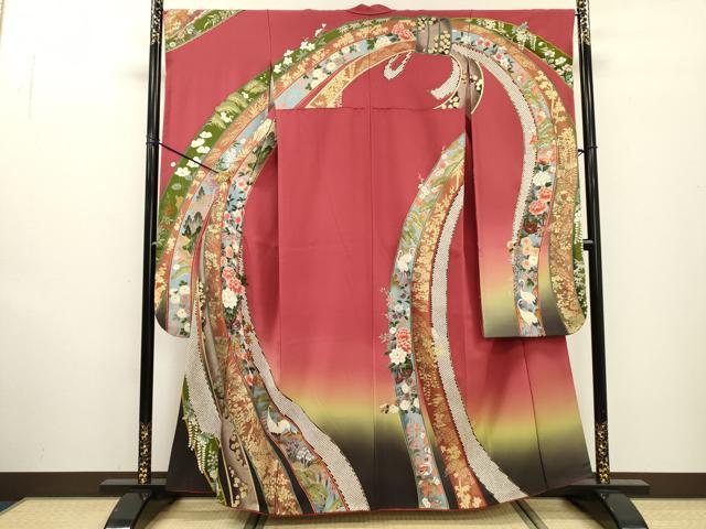 平和屋着物●豪華振袖　群れ鶴花車文　暈し染　金彩　正絹　逸品　DABF2265fe