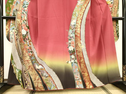 平和屋着物●豪華振袖　群れ鶴花車文　暈し染　金彩　正絹　逸品　DABF2265fe