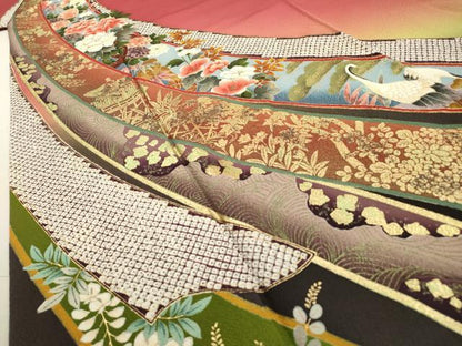 平和屋着物●豪華振袖　群れ鶴花車文　暈し染　金彩　正絹　逸品　DABF2265fe
