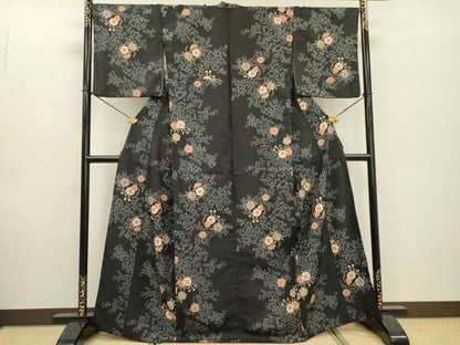 平和屋着物●小紋　雪輪花文　黒地　洗える着物　DABF2290fe