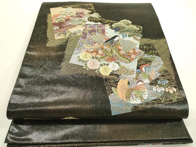 平和屋着物▼太鼓柄袋帯　唐織　初音花鳥色紙絵文　黒地　金糸　引箔　正絹　逸品　DABF2335fe