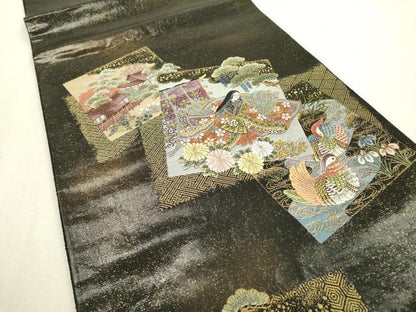 平和屋着物▼太鼓柄袋帯　唐織　初音花鳥色紙絵文　黒地　金糸　引箔　正絹　逸品　DABF2335fe