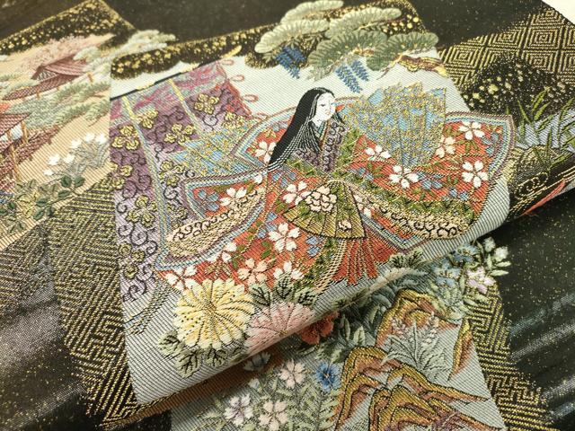 平和屋着物▼太鼓柄袋帯　唐織　初音花鳥色紙絵文　黒地　金糸　引箔　正絹　逸品　DABF2335fe