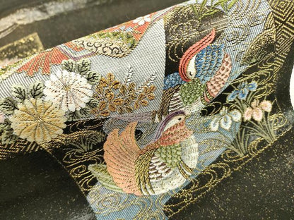 平和屋着物▼太鼓柄袋帯　唐織　初音花鳥色紙絵文　黒地　金糸　引箔　正絹　逸品　DABF2335fe