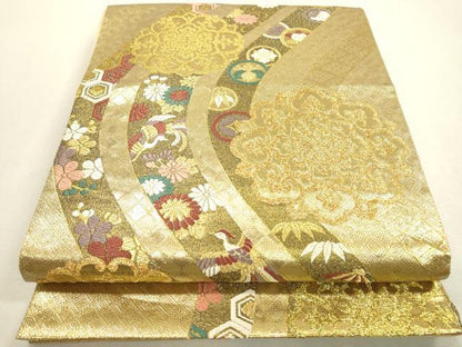 平和屋着物▼六通柄袋帯　唐織　正倉院鳳凰花丸文　金糸　正絹　逸品　DABF2356fe