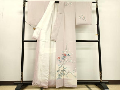 平和屋着物▼訪問着　友禅　枝花に休み鳥　暈し染　正絹　逸品　DABF2364fe