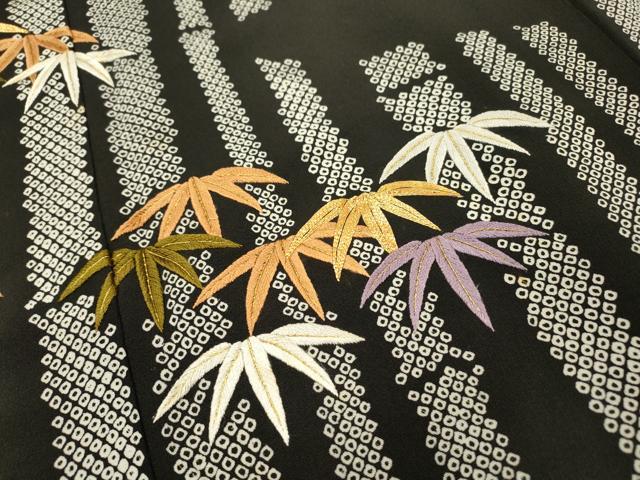 平和屋着物▼豪華黒留袖　駒刺繍　笹竹文　金糸　正絹　逸品　DABF2397fe