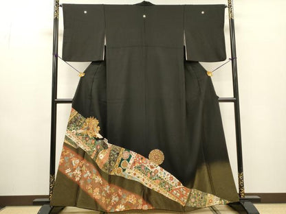 平和屋着物▼中国三大刺繍　相良刺繍　黒留袖　駒刺繍　向かい鳥花唐草文　暈し染　金彩　正絹　逸品　DABF2398fe