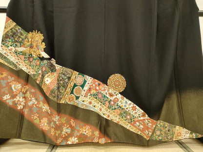 平和屋着物▼中国三大刺繍　相良刺繍　黒留袖　駒刺繍　向かい鳥花唐草文　暈し染　金彩　正絹　逸品　DABF2398fe