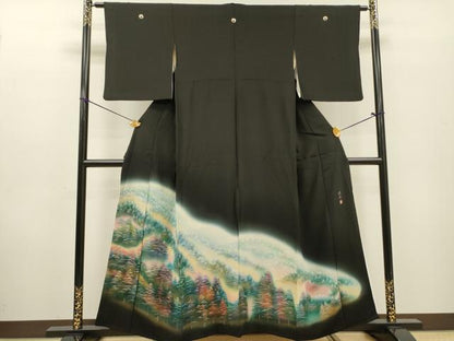 平和屋着物▼豪華黒留袖 作家物 雪持ち風景文 暈し染 金彩 正絹 逸品 DABF2435fe