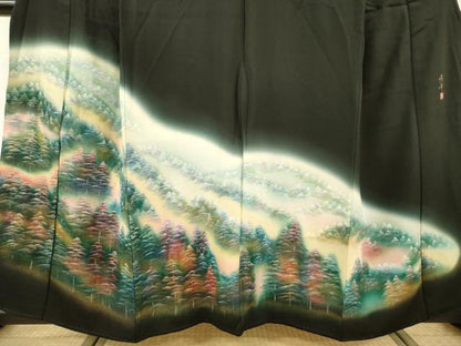 平和屋着物▼豪華黒留袖 作家物 雪持ち風景文 暈し染 金彩 正絹 逸品 DABF2435fe