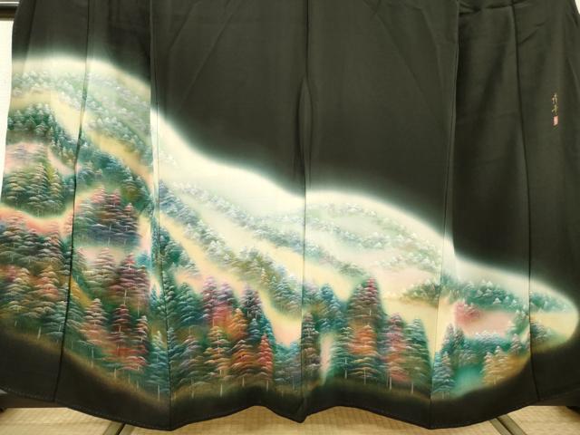 平和屋着物▼豪華黒留袖 作家物 雪持ち風景文 暈し染 金彩 正絹 逸品 DABF2435fe